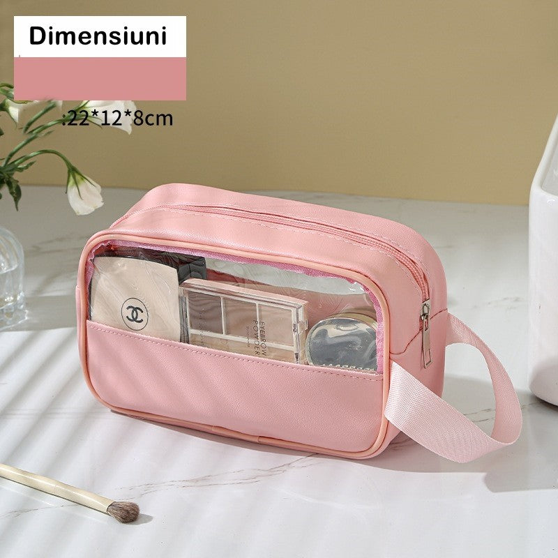 Geanta Cosmetice pentru Voiaj si Organizare, Portfard Impermeabil, Material PVC si Textil, 22 x 12 x 8 cm, Roz