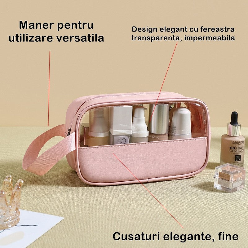 Geanta Cosmetice pentru Voiaj si Organizare, Portfard Impermeabil, Material PVC si Textil, 22 x 12 x 8 cm, Roz