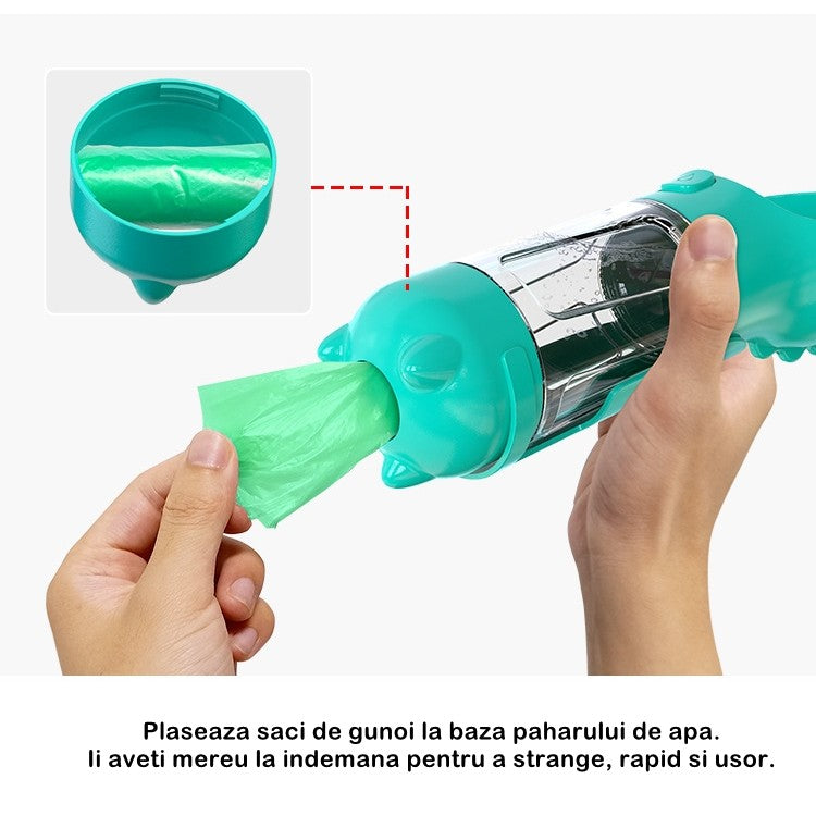 Sticla Portabila 4 in 1 pentru Caini si Pisici, Dozator Apa si Hrana cu Compartiment Pungi Igienice si Lopetica, Plastic ABS, 300 ml, Turcoaz