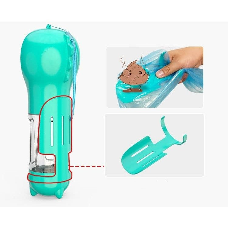 Sticla Portabila 4 in 1 pentru Caini si Pisici, Dozator Apa si Hrana cu Compartiment Pungi Igienice si Lopetica, Plastic ABS, 300 ml, Turcoaz