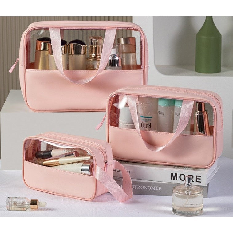 Geanta Cosmetice si Organizator Machiaj pentru Voiaj, Material Impermeabil PVC si PU, Design Portabil cu Maner, Roz, 26 x 15 x 10 cm