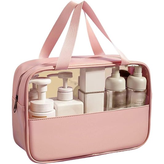 Geanta Cosmetice si Organizator Machiaj pentru Voiaj, Material Impermeabil PVC si PU, Design Portabil cu Maner, Roz, 26 x 15 x 10 cm