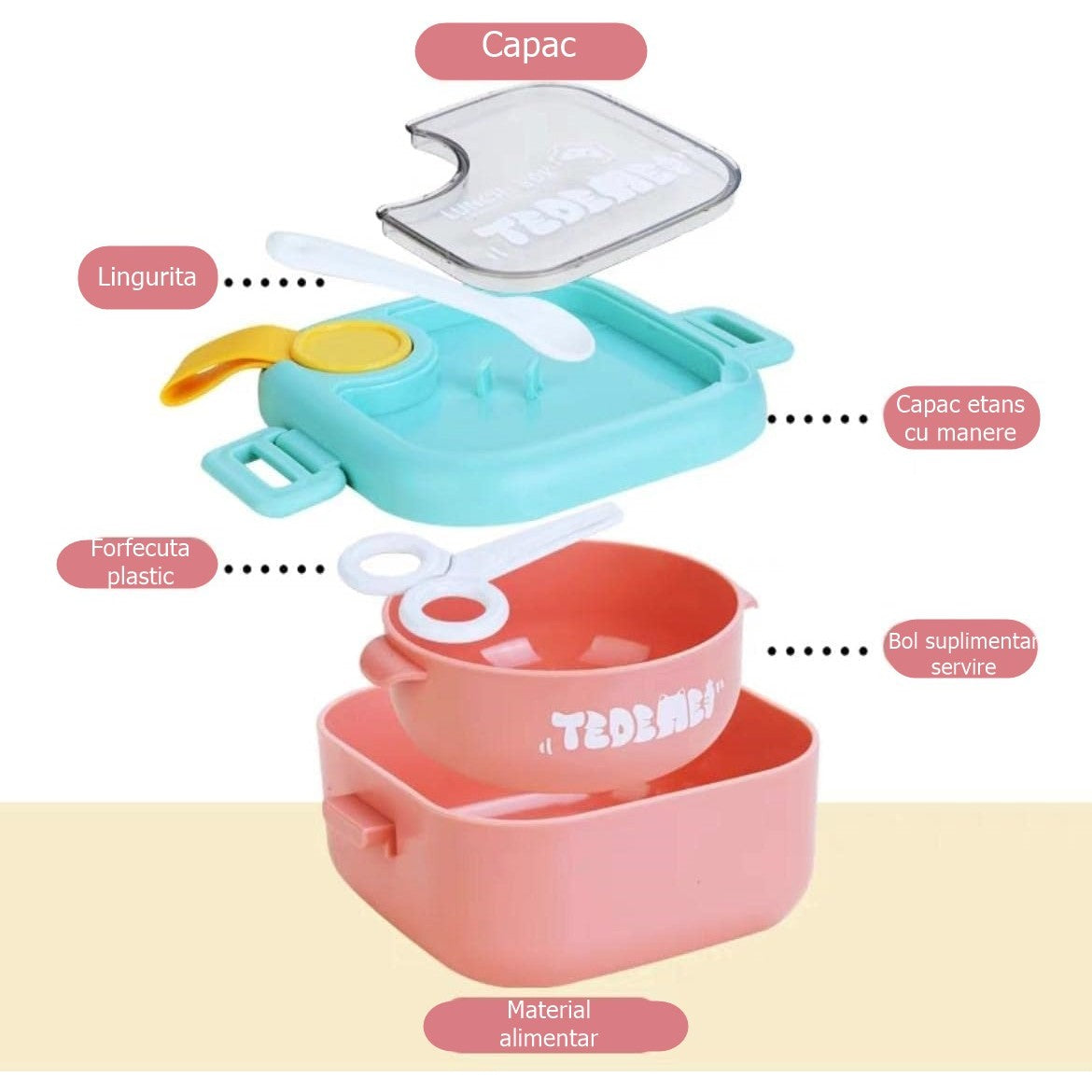 Caserola Lunch Box pentru Copii, Recipient Pranz cu 2 Compartimente si Inchidere Etans, Plastic Fara BPA, Include Lingura si Foarfeca, 750 ml, Roz