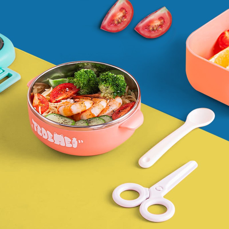 Caserola Lunch Box pentru Copii, Recipient Pranz cu 2 Compartimente si Inchidere Etans, Plastic Fara BPA, Include Lingura si Foarfeca, 750 ml, Roz