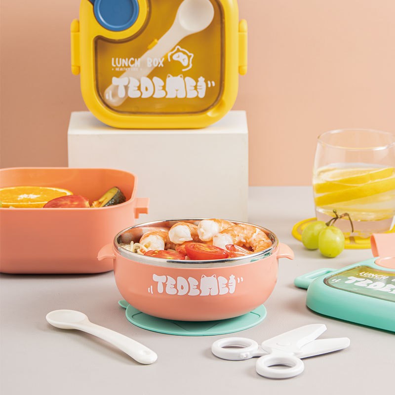 Caserola Lunch Box pentru Copii, Recipient Pranz cu 2 Compartimente si Inchidere Etans, Plastic Fara BPA, Include Lingura si Foarfeca, 750 ml, Roz