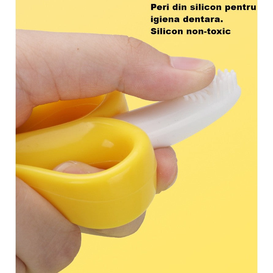 Jucarie Dentitie Bebelusi, Model Banana cu Manere Ergonomice, Silicon Non-Toxic Fara Miros, 10.5x5.9 cm, Galben