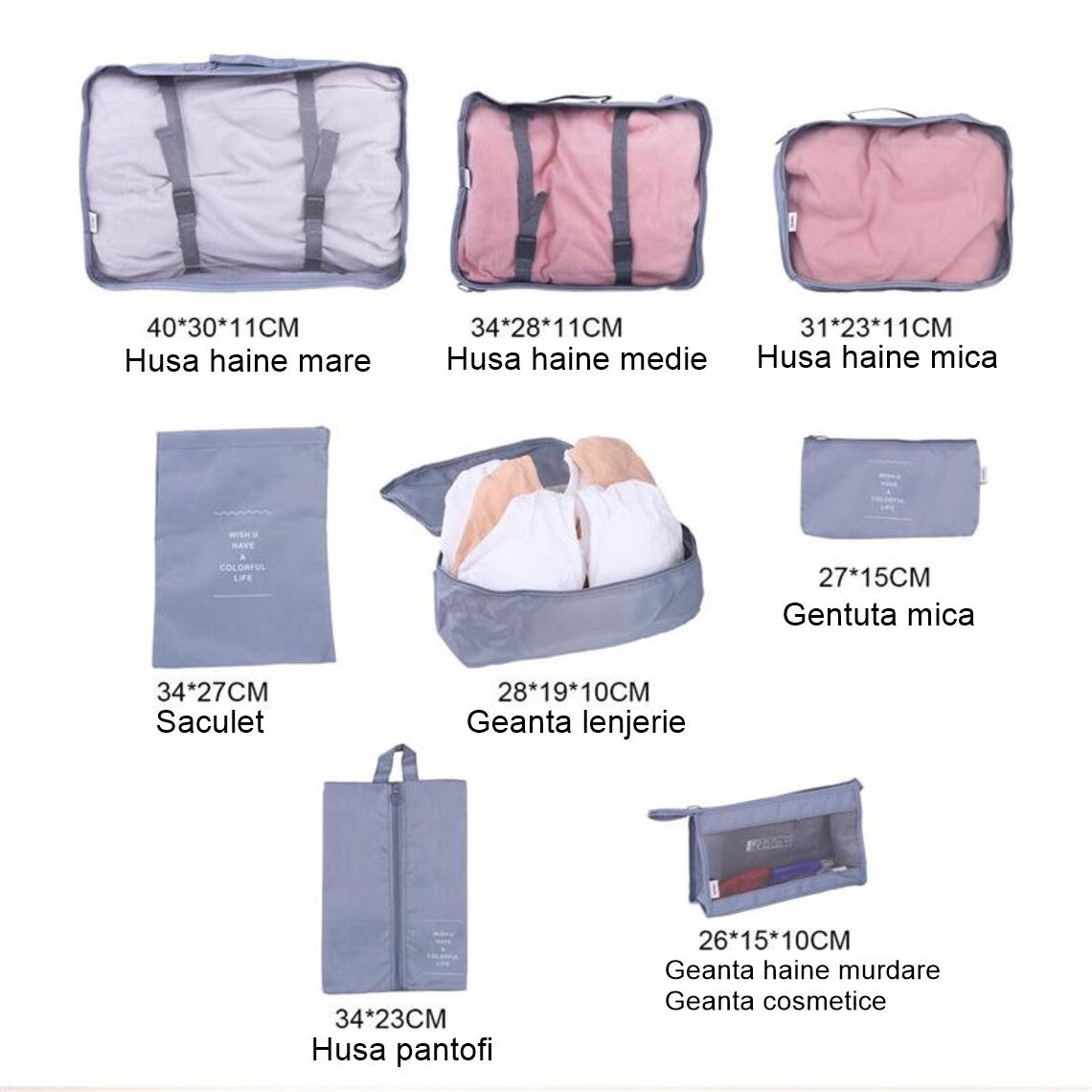 Set 8 Organizatoare Bagaj, Huse Calatorie Impermeabile cu Fermoar, Organizator Haine si Incaltaminte pentru Geamantan sau Dulap, Poliester Pliabil, Gri