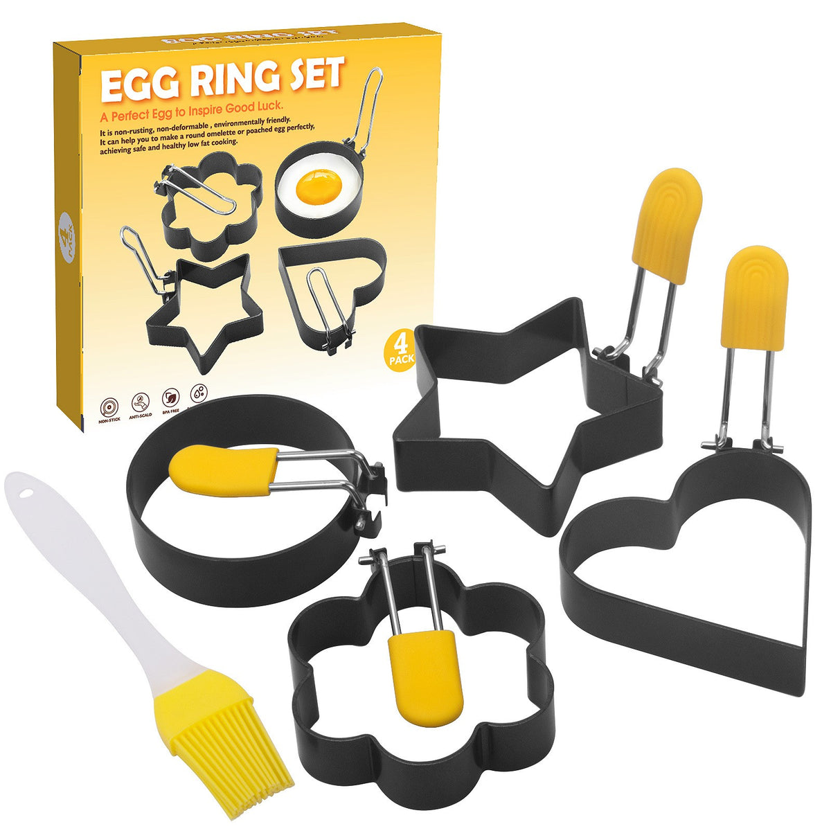 Set 4 Forme pentru Oua Ochiuri si Clatite, Inele Rotunde din Otel cu Strat Antiaderent, Maner Pliabil din ABS, Diametru 7.5 cm, Negru