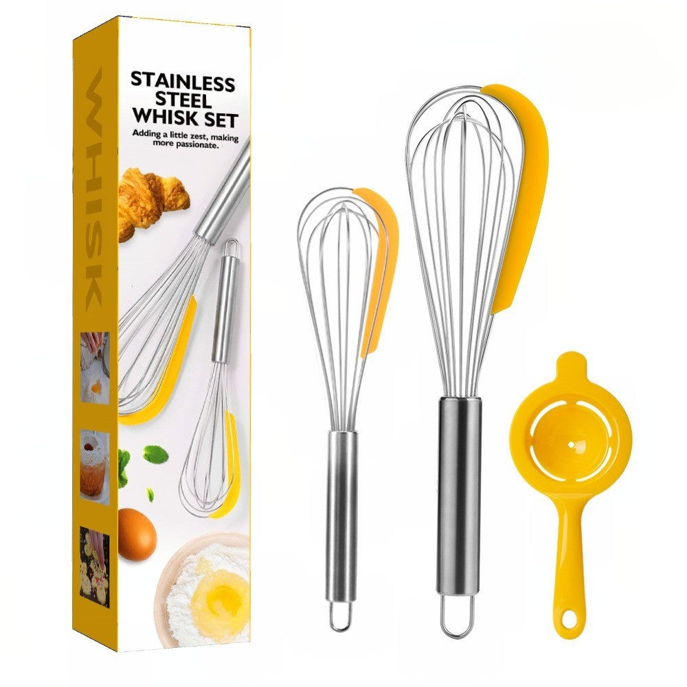 Set 3 Ustensile Bucatarie cu 2 Teluri si Separator de Oua, Inox 430 si Racleta Silicon, Argintiu/Galben
