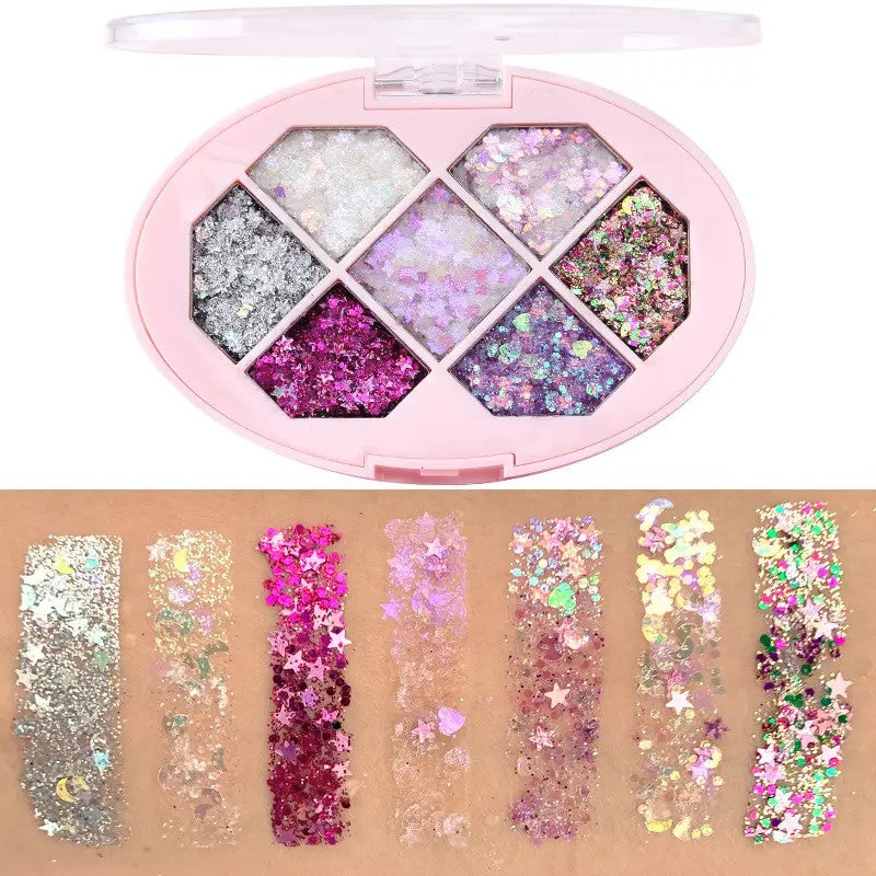 Paleta Gel Cu Glitter Pentru Corp Si Par, Sclipici Rezistent La Apa Fara Lipici, Set 7 Nuante, Multicolor, 50 g