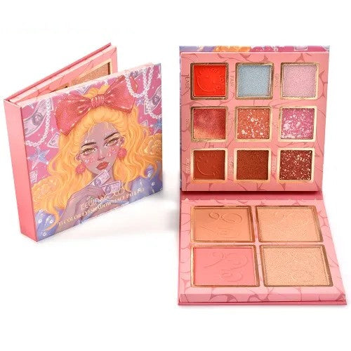 Kevin&Coco Paleta Farduri de Ochi cu 13 Culori, Iluminator si Blush Inclus, Pigment Intens, Format Patrat, Multicolor, 120 g