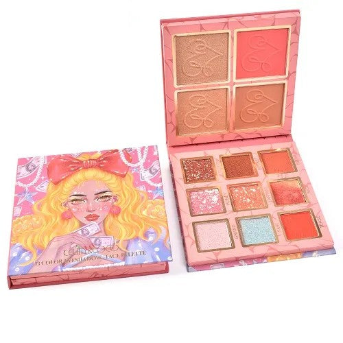 Kevin&Coco Paleta Farduri de Ochi cu 13 Culori, Iluminator si Blush Inclus, Pigment Intens, Format Patrat, Multicolor, 120 g