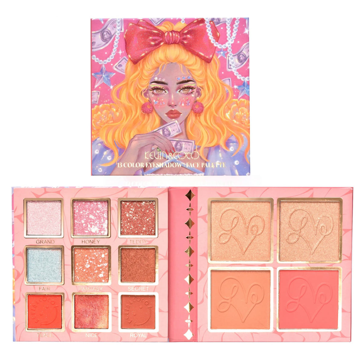 Kevin&Coco Paleta Farduri de Ochi cu 13 Culori, Iluminator si Blush Inclus, Pigment Intens, Format Patrat, Multicolor, 120 g