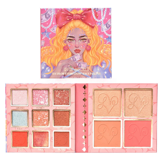 Kevin&Coco Paleta Farduri de Ochi cu 13 Culori, Iluminator si Blush Inclus, Pigment Intens, Format Patrat, Multicolor, 120 g