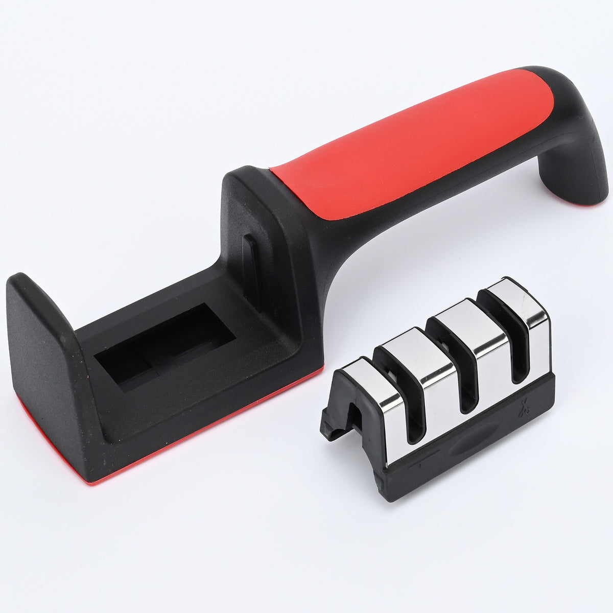 Dispozitiv Profesional Pentru Ascutit Cutite, 3 Trepte De Ascutire Cu Lame Din Otel Si Ceramica, Maner Antiderapant, Inox Si ABS, 21.5x5x6 cm, Rosu/Negru