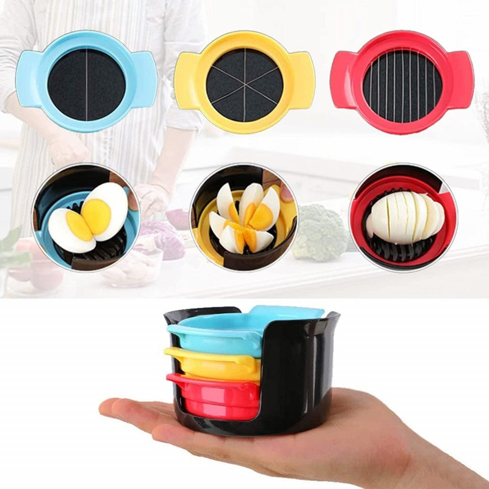 Set Feliator Ouă și Fructe 3 în 1, Dispozitiv Multifuncțional de Tăiat cu Lame din Oțel Inoxidabil, Suport PP Compact, Multicolor, 9 x 10.5 x 5.5 cm