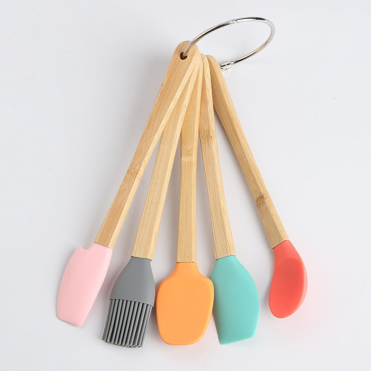 Set 5 Mini Spatule de Silicon si Pensula, Rezistente la Caldura 232 Grade, Maner Lemn Stejar, Multicolor, 21 x 3 cm