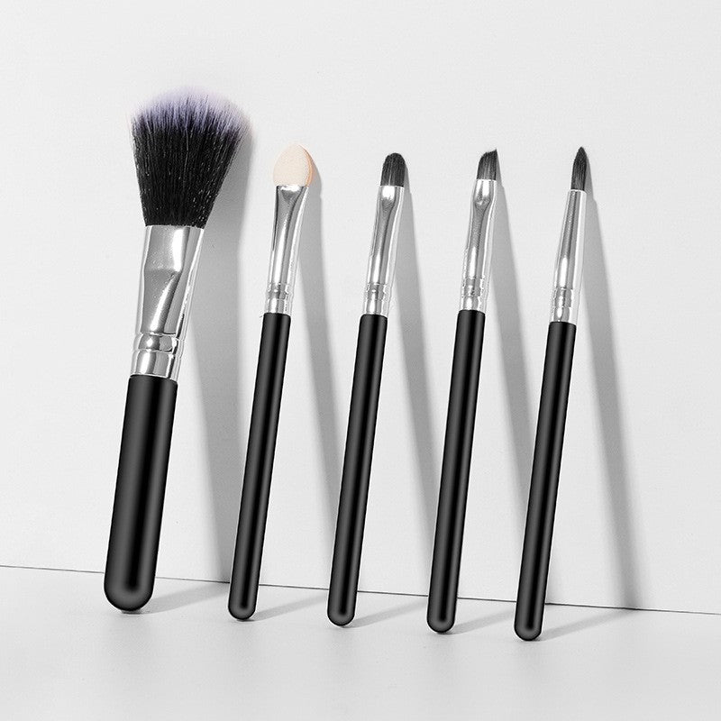 Set Pensule Machiaj De Voiaj Pentru Pudra Si Fard, Design Compact Pentru Geanta, Par Sintetic Fin, Maner Plastic, Negru, 5 Bucati