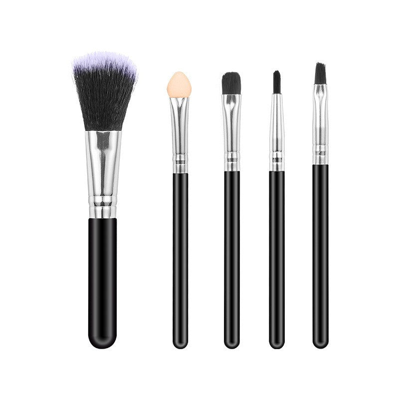 Set Pensule Machiaj De Voiaj Pentru Pudra Si Fard, Design Compact Pentru Geanta, Par Sintetic Fin, Maner Plastic, Negru, 5 Bucati