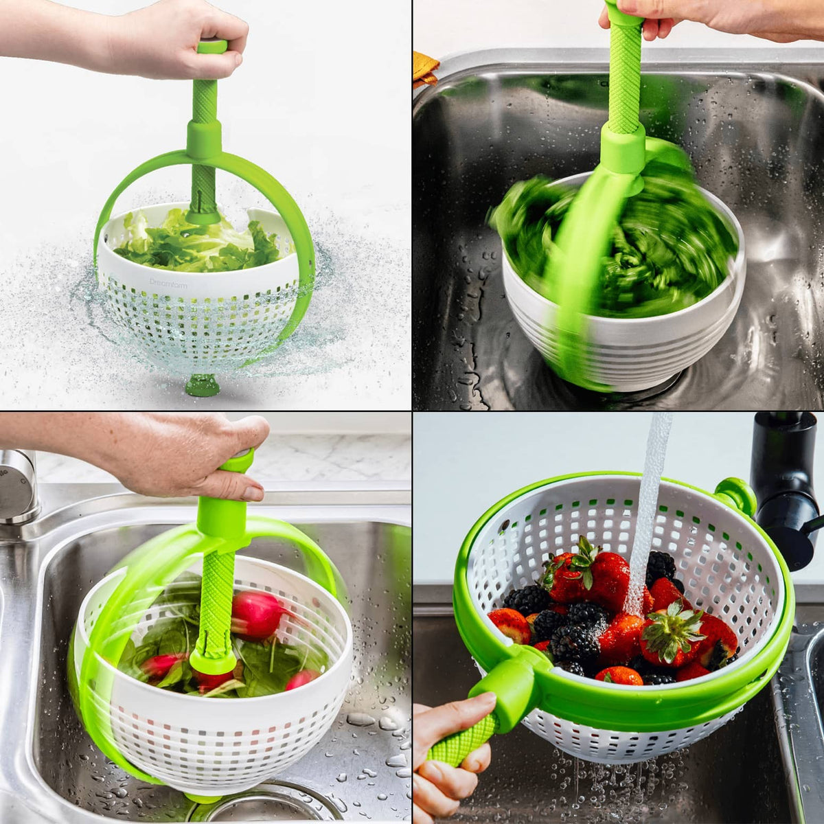 Strecuratoare Multifunctionala Rotativa pentru Paste si Legume, Sistem de Scurgere cu Ventuza si Maner Ergonomic, Plastic ABS, 22x12 cm, Verde