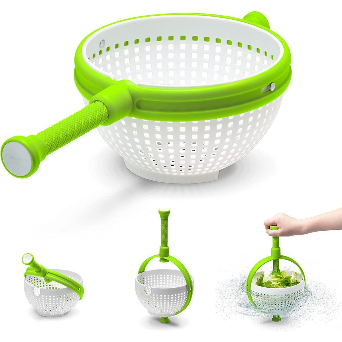 Strecuratoare Multifunctionala Rotativa pentru Paste si Legume, Sistem de Scurgere cu Ventuza si Maner Ergonomic, Plastic ABS, 22x12 cm, Verde