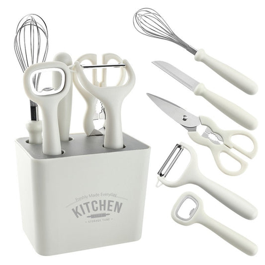 Set 6 Ustensile Bucatarie cu Suport, Organizator Ergonomic, Cutit, Tel, Foarfeca, Curatator si Desfacator, ABS si Inox, Alb