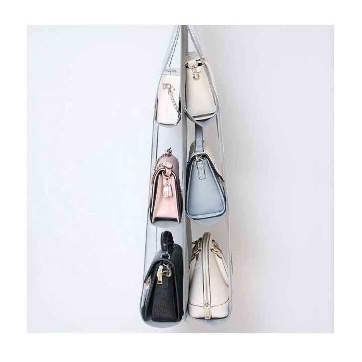 Organizator Genti Pentru Dulap, Suport Suspendabil Cu 6 Compartimente, Material Textil Si Pvc Transparent, 85 x 36 cm, Gri