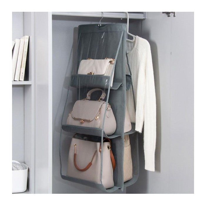 Organizator Genti Pentru Dulap, Suport Suspendabil Cu 6 Compartimente, Material Textil Si Pvc Transparent, 85 x 36 cm, Gri