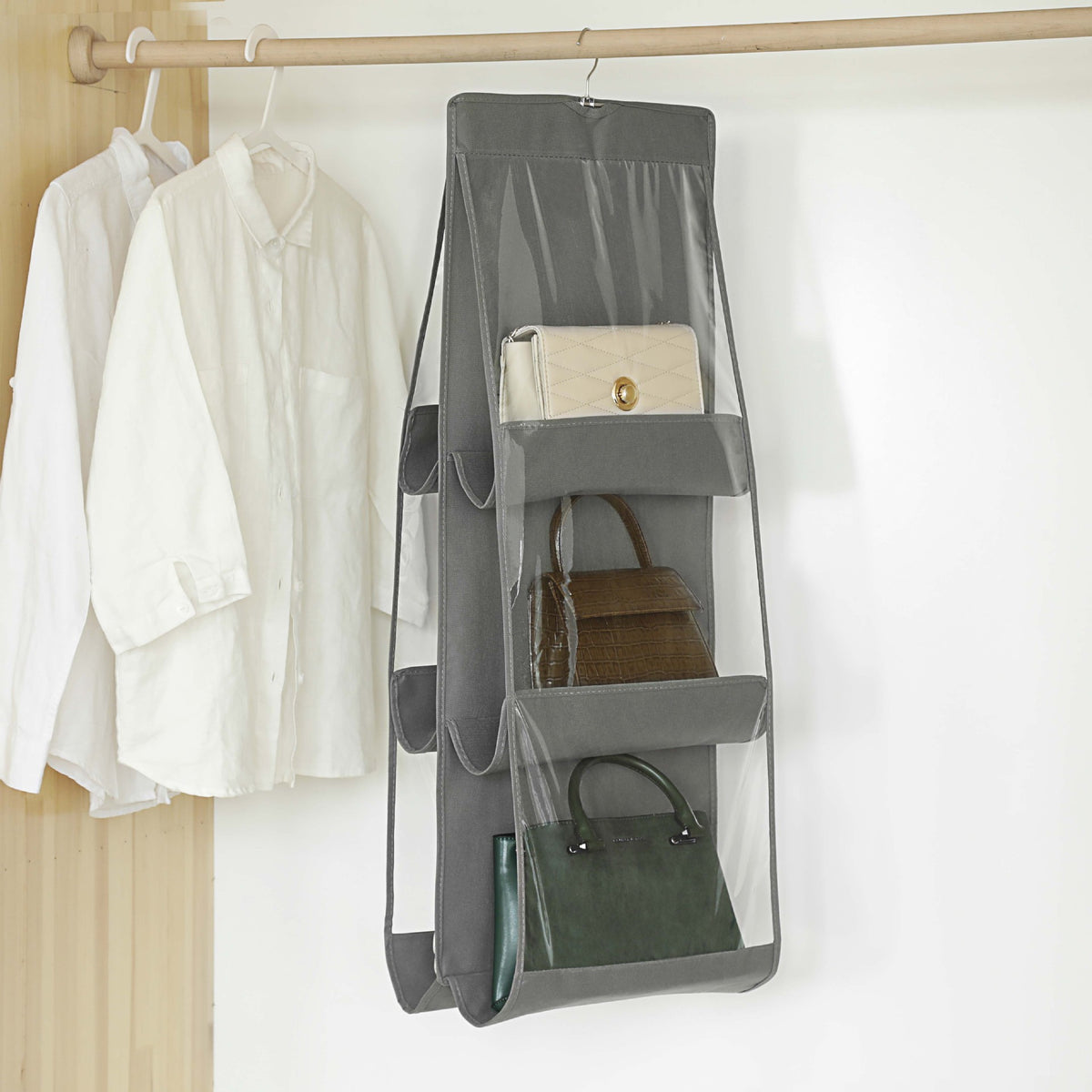 Organizator Genti Pentru Dulap, Suport Suspendabil Cu 6 Compartimente, Material Textil Si Pvc Transparent, 85 x 36 cm, Gri
