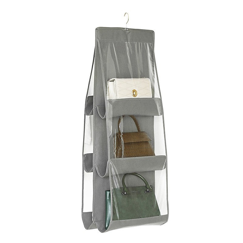 Organizator Genti Pentru Dulap, Suport Suspendabil Cu 6 Compartimente, Material Textil Si Pvc Transparent, 85 x 36 cm, Gri