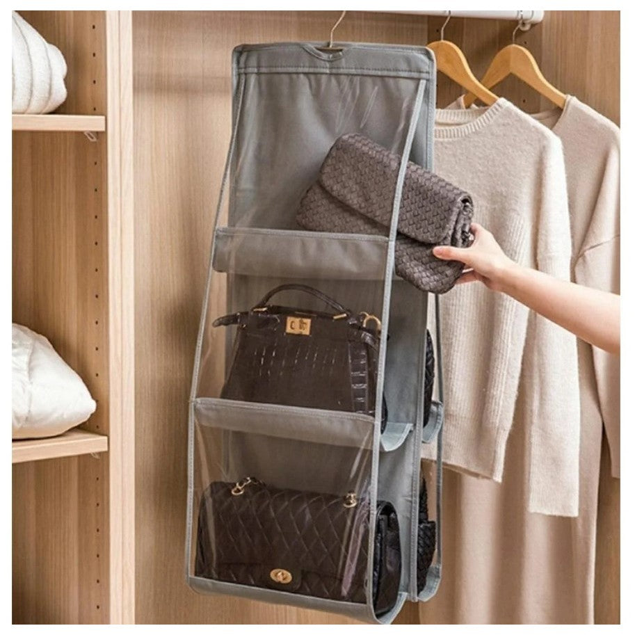 Organizator Genti Pentru Dulap, Suport Suspendabil Cu 6 Compartimente, Material Textil Si Pvc Transparent, 85 x 36 cm, Gri