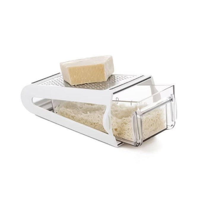 Razatoare De Bucatarie Cu Cutie Colectoare, 2 Tipuri De Lame Pentru Legume Si Branza, Carcasa Inox Si ABS, Maner Ergonomic, Alb