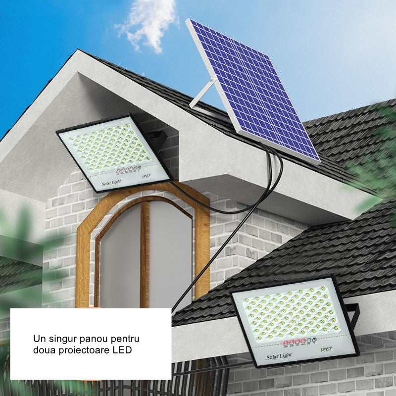 Set 2 Proiectoare LED cu Panou Solar, Senzor de Miscare si Telecomanda, Protectie IP67, Carcasa Aluminiu si Sticla, 200W, 644 LED-uri, Negru
