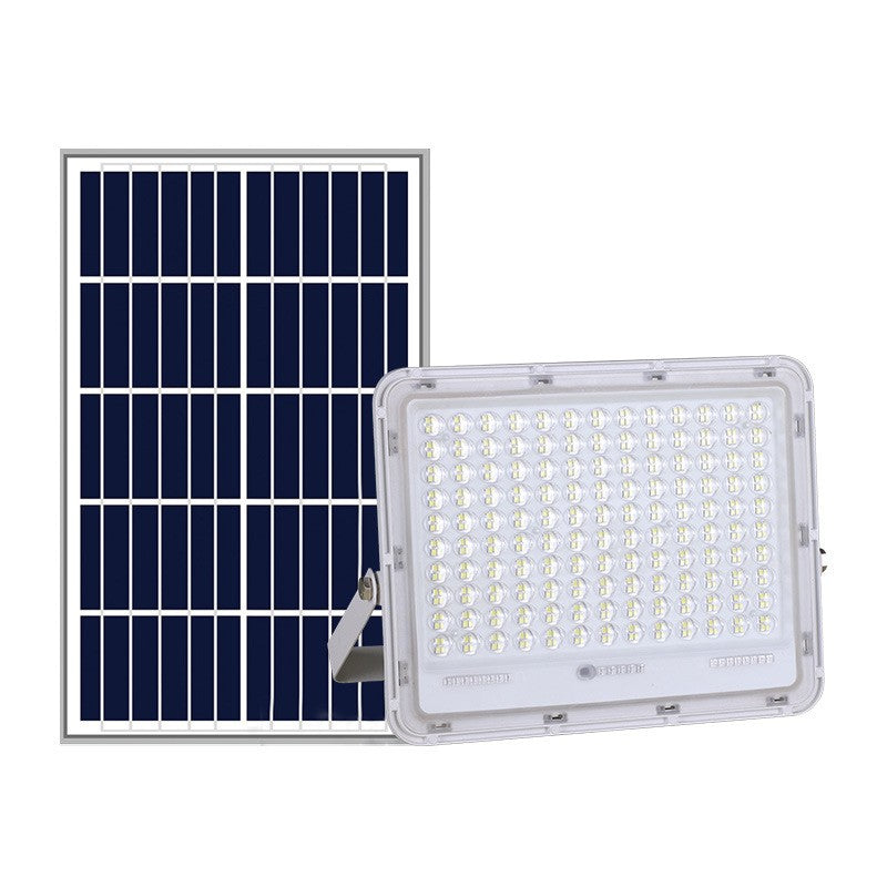 Proiector LED cu Panou Solar, Senzor de Lumina si Telecomanda, Putere 100W, Protectie Waterproof, Afisaj Nivel Baterie, Suport Tip U Inclus, 23x18 cm, Alb