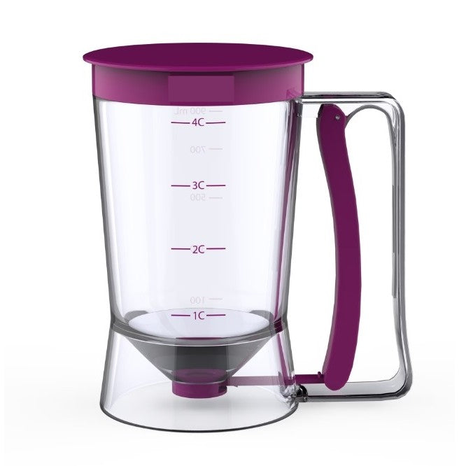 Dispenser Aluat pentru Clatite si Briose, Dozator Gradat cu Maner cu Arc si Capac, Plastic Durabil, 900 ml, Mov