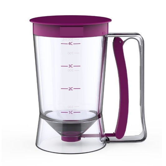 Dispenser Aluat pentru Clatite si Briose, Dozator Gradat cu Maner cu Arc si Capac, Plastic Durabil, 900 ml, Mov