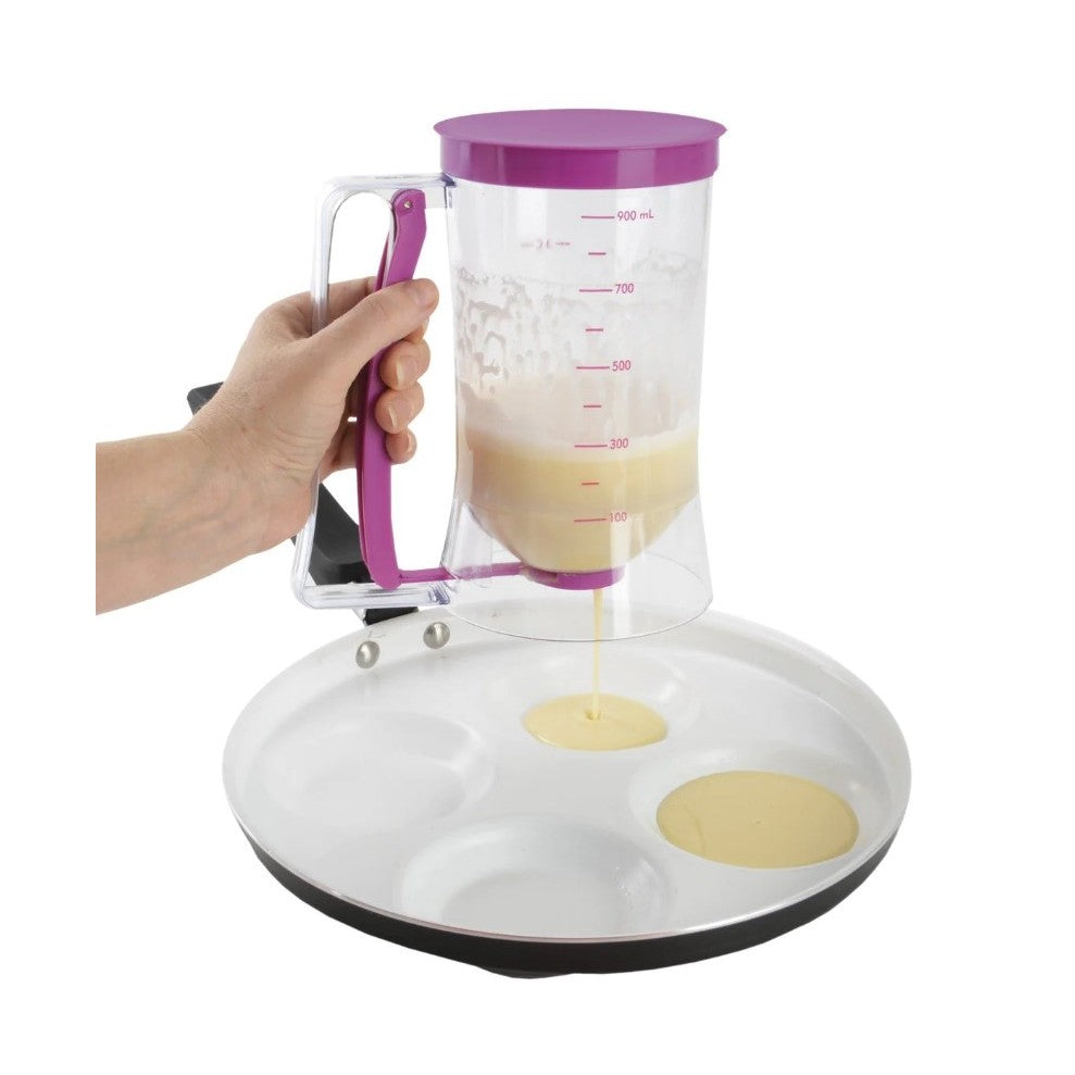 Dispenser Aluat pentru Clatite si Briose, Dozator Gradat cu Maner cu Arc si Capac, Plastic Durabil, 900 ml, Mov