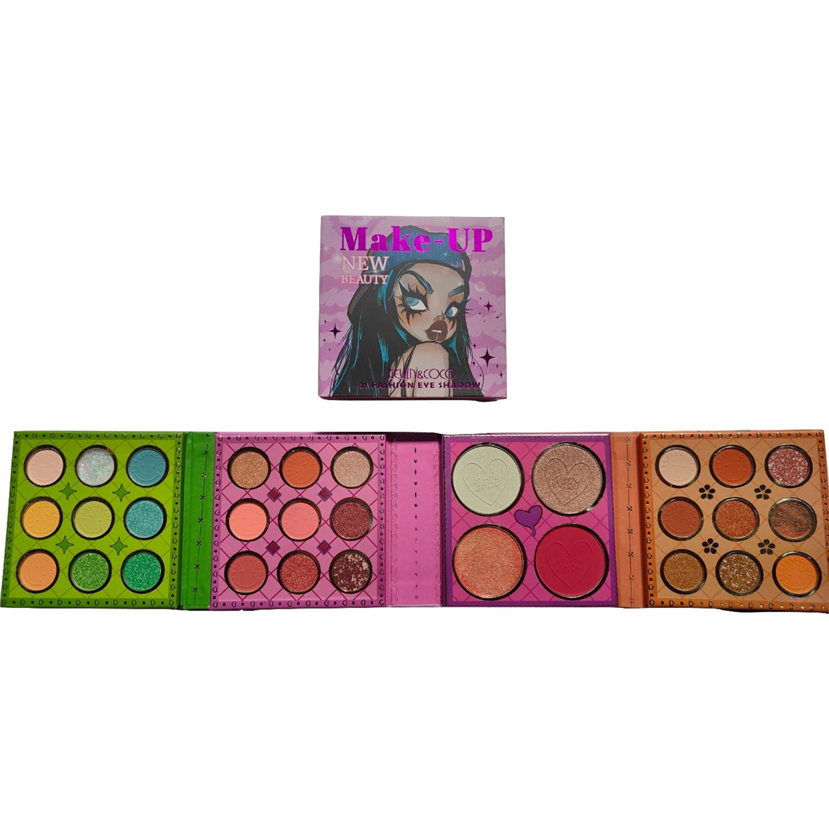 Paleta Farduri Kevin&Coco, Trusa Machiaj Completa 31 Culori, Farduri Mate, Metalice si Sidefate, Include Blush si Iluminator, Format Patrat, 250 g, Multicolor