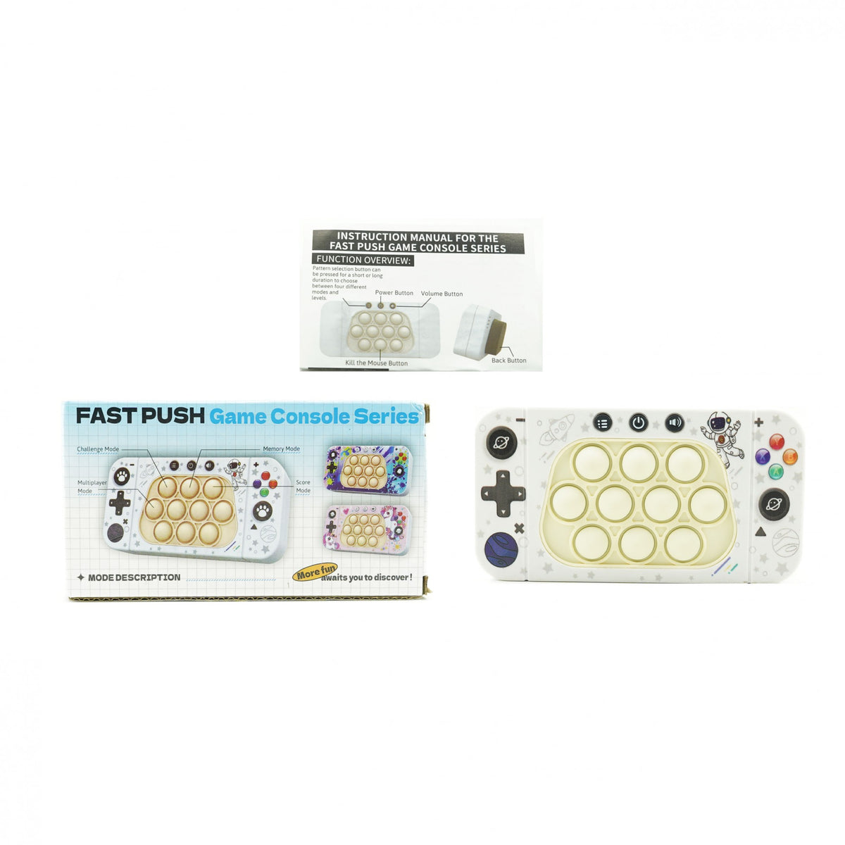 Consola Interactiva Speed Push Whack-a-Mole, Joc de Memorie si Viteza Pop It, Dezvoltare Coordonare Mana-Ochi, Sunete si Lumini, Material ABS si Silicon, 15.5 x 7.6 x 5.3 cm, Model Astronaut, Alb