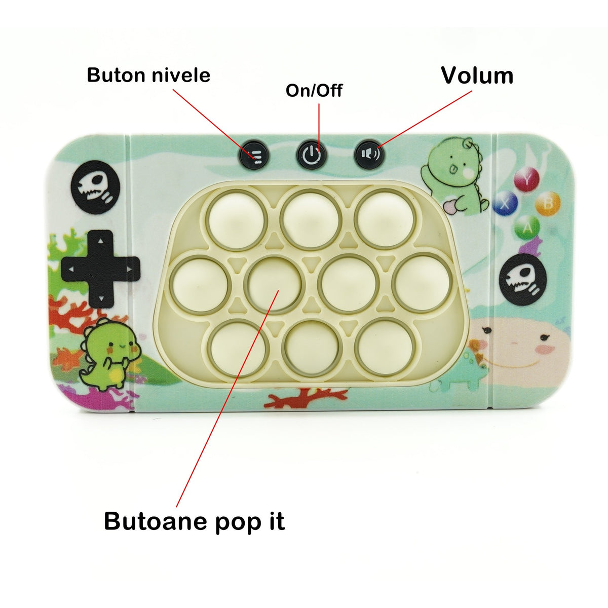 Joc Interactiv Tip Consola Speed Push, Whack-a-Mole si Pop It, Dezvoltare Cognitiva cu Nivele, Lumini si Sunete, Material ABS si Silicon, Model Dinozaur, Verde, 15.5 x 7.6 x 5.3 cm