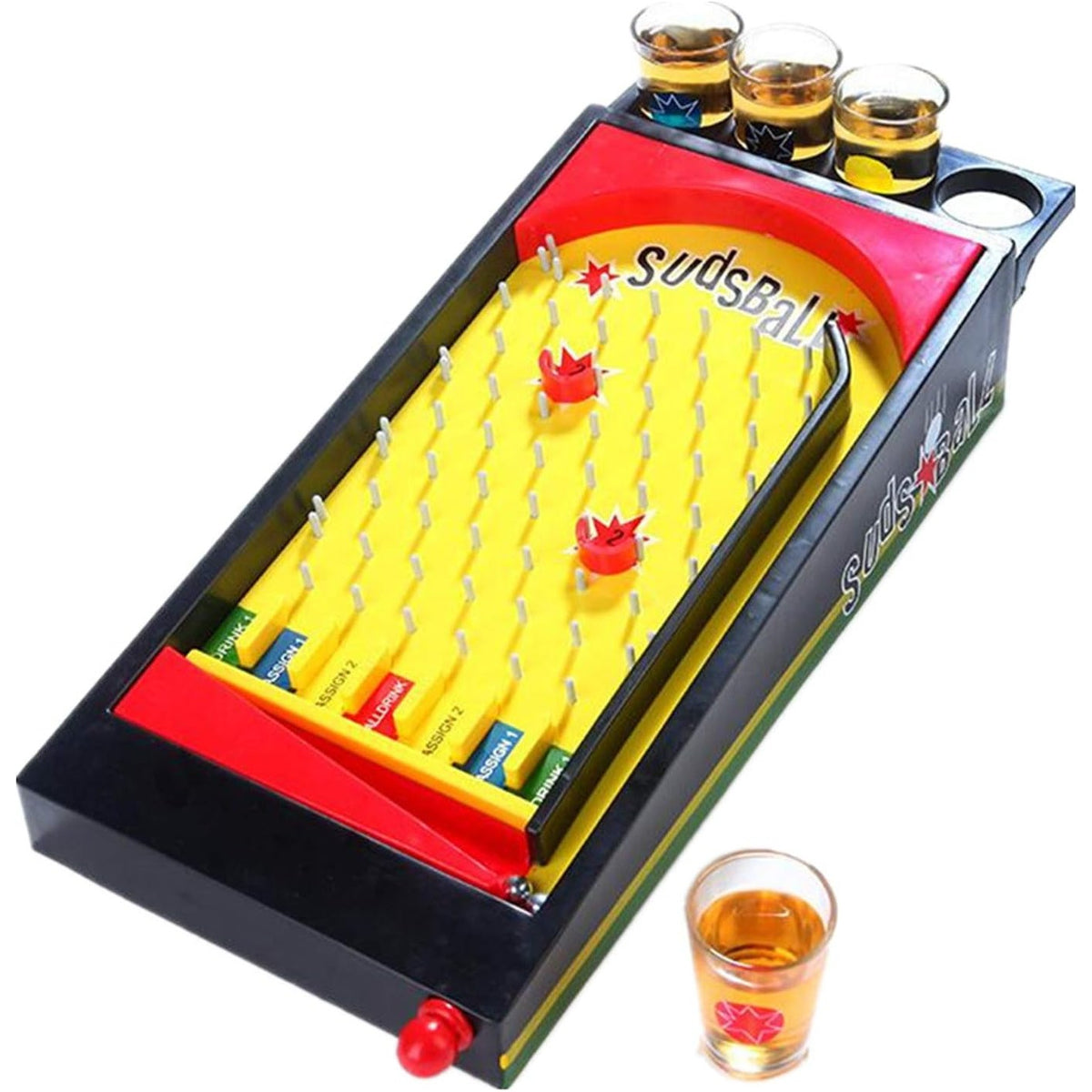 Joc de Societate Pinball Cu Pahare Pentru Shoturi, Joc Interactiv Pentru Petreceri, Design Compact Din Plastic Rezistent, 40 x 17.7 cm, Galben