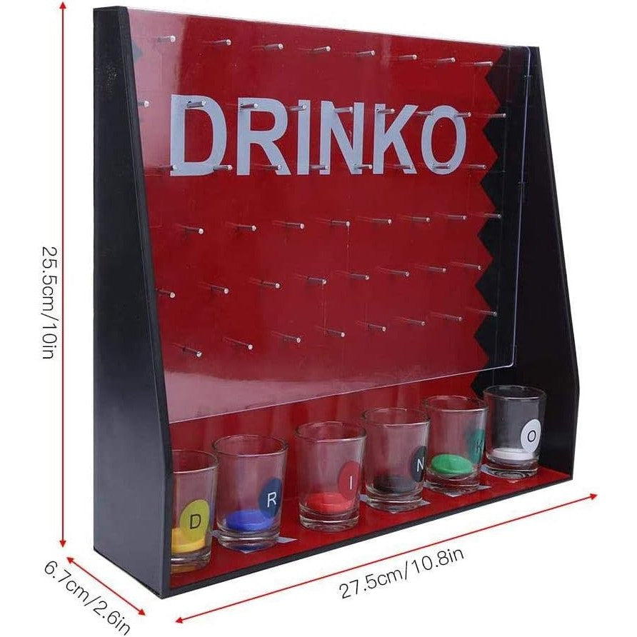 Joc de Baut Gravitational Drinko, Joc Interactiv de Petrecere cu 6 Pahare Shot Incluse, Plastic si Sticla, Pana la 6 Jucatori, 25.5 x 6.7 x 27.5 cm, Rosu