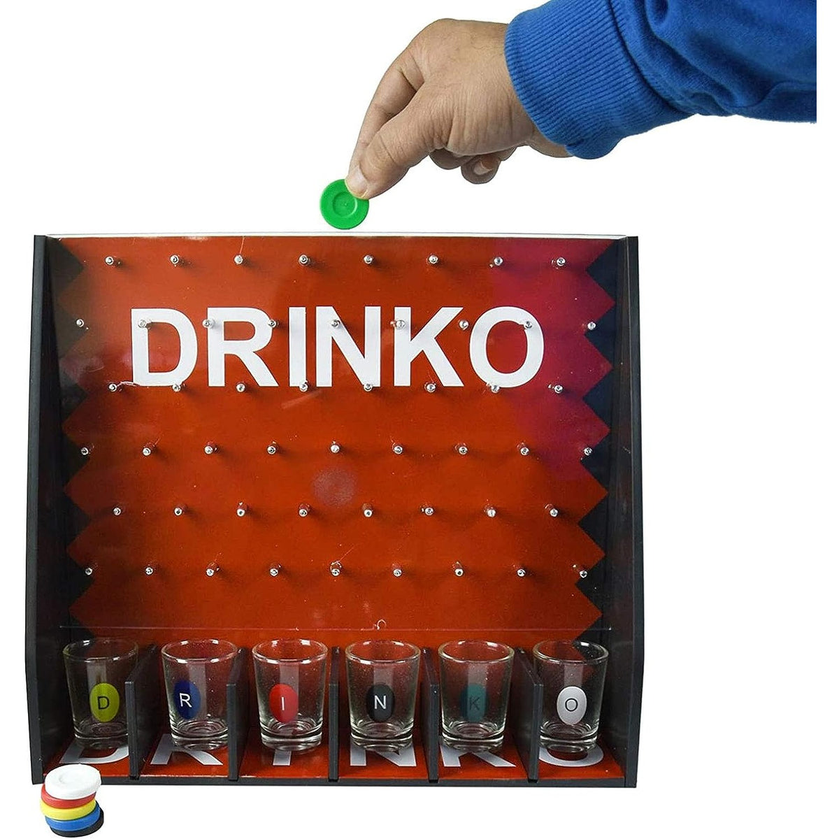 Joc de Baut Gravitational Drinko, Joc Interactiv de Petrecere cu 6 Pahare Shot Incluse, Plastic si Sticla, Pana la 6 Jucatori, 25.5 x 6.7 x 27.5 cm, Rosu