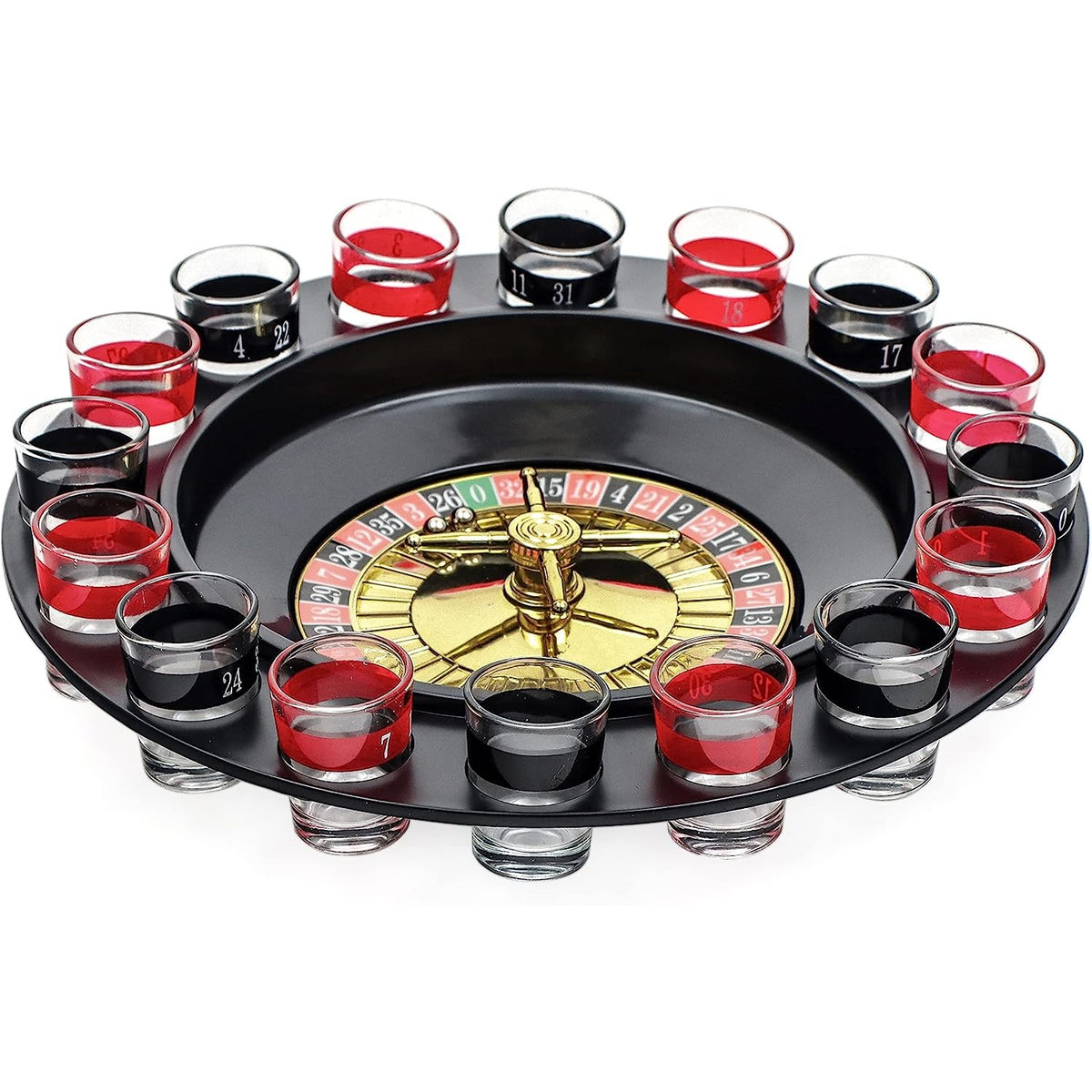 Joc de Baut Ruleta cu 16 Pahare de Shot, Set Petrecere Casino cu 2 Bile Metalice, Plastic si Sticla, Diametru 30 cm, Rosu/Negru