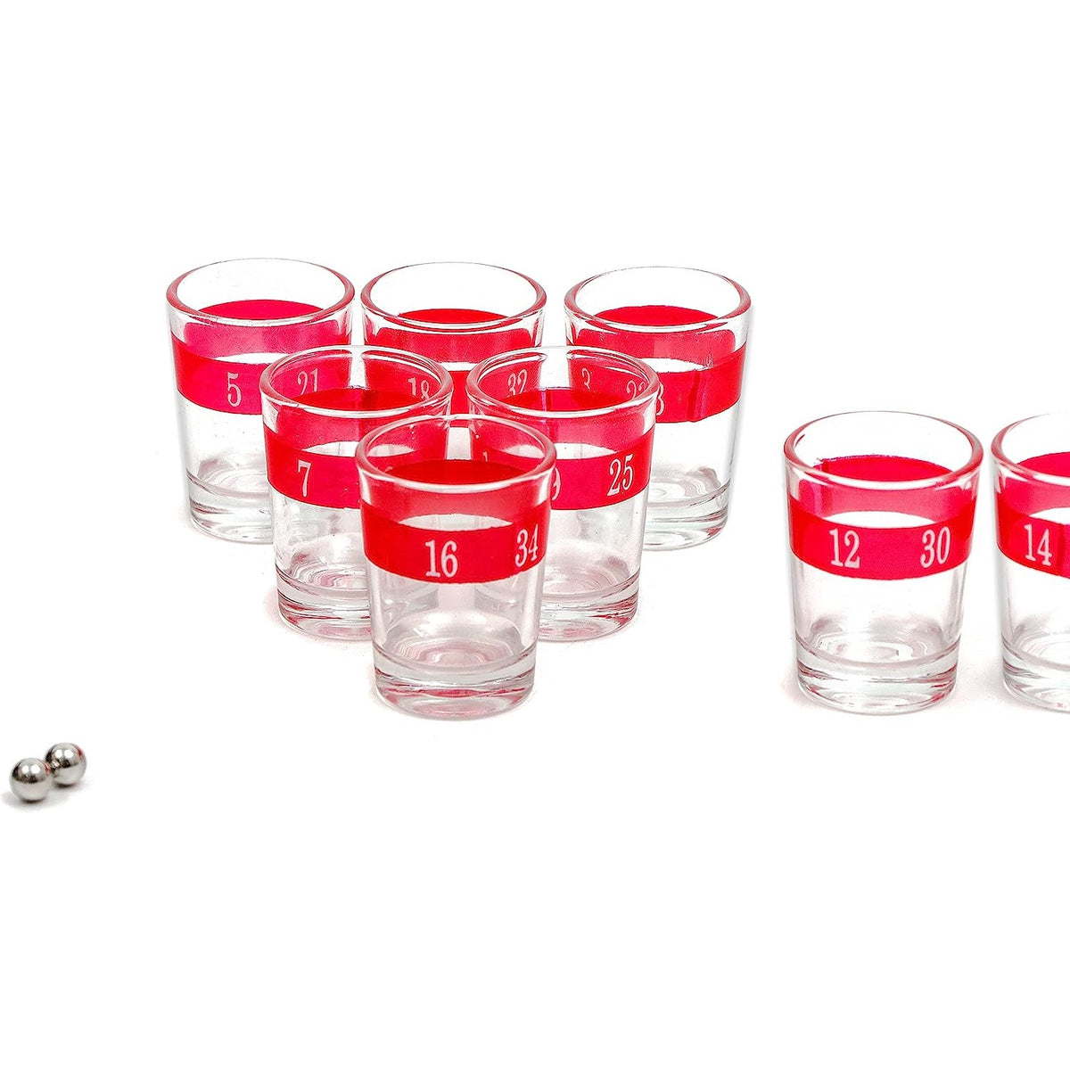 Joc de Baut Ruleta cu 16 Pahare de Shot, Set Petrecere Casino cu 2 Bile Metalice, Plastic si Sticla, Diametru 30 cm, Rosu/Negru