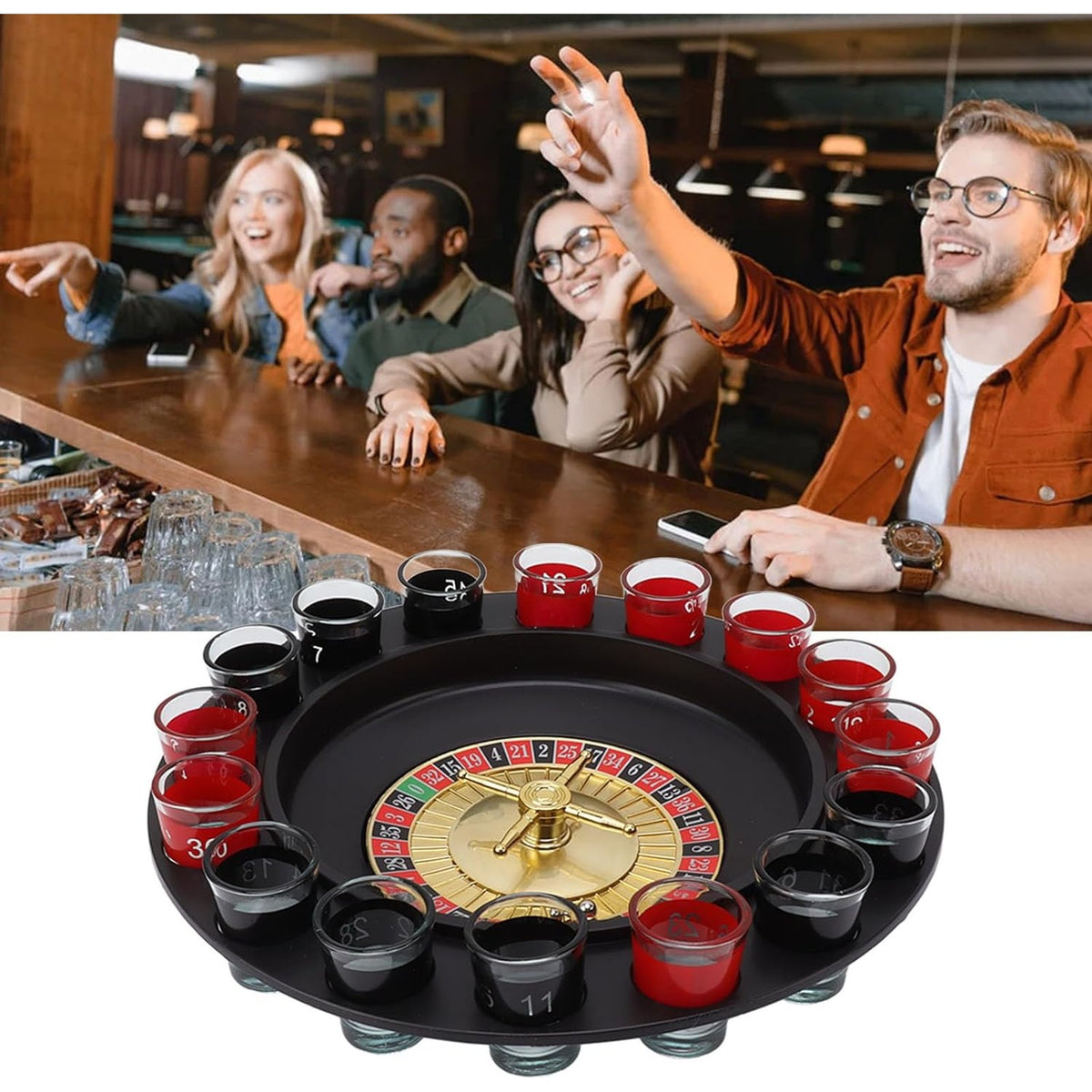 Joc de Baut Ruleta cu 16 Pahare de Shot, Set Petrecere Casino cu 2 Bile Metalice, Plastic si Sticla, Diametru 30 cm, Rosu/Negru