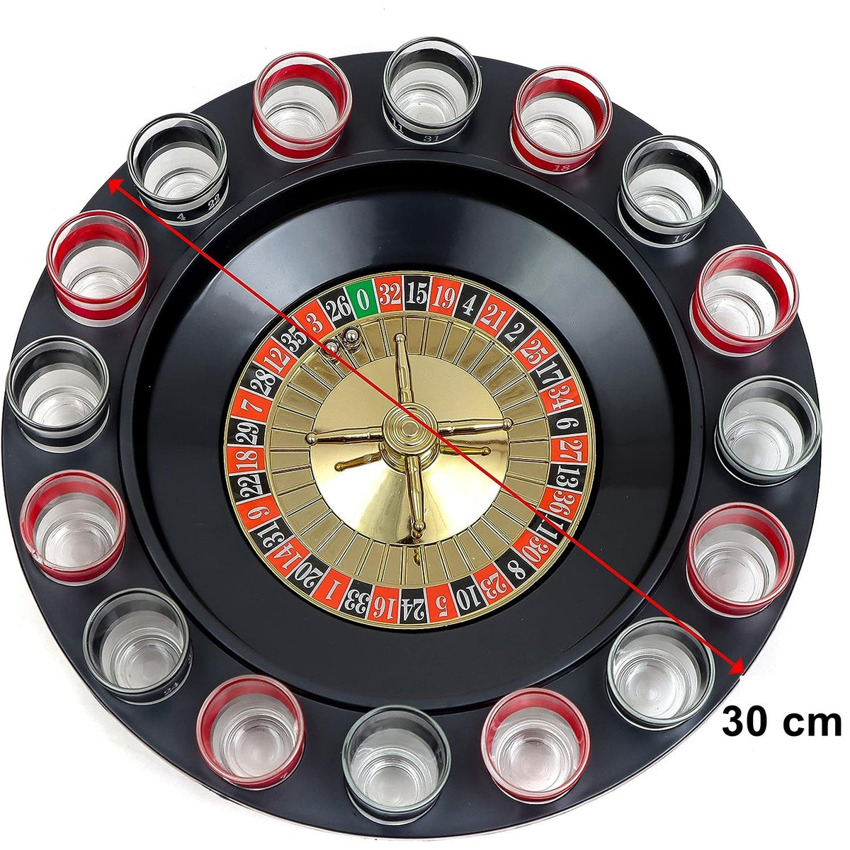 Joc de Baut Ruleta cu 16 Pahare de Shot, Set Petrecere Casino cu 2 Bile Metalice, Plastic si Sticla, Diametru 30 cm, Rosu/Negru
