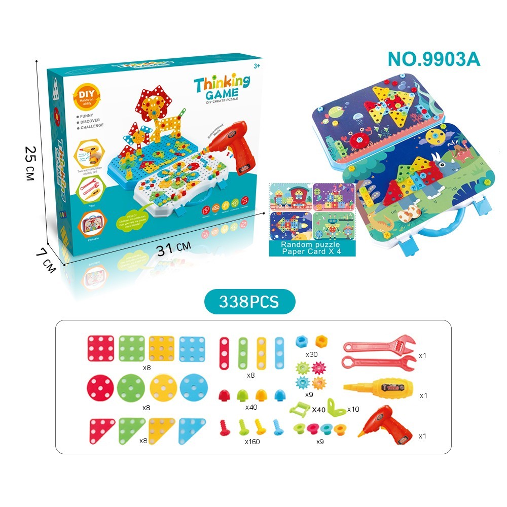 Jucarie Educativa, Set De Constructie Puzzle Mozaic Cu Bormasina Electrica, Modele 2D si 3D, Material ABS, Valiza Transport, Varsta +3 Ani, 338 Piese