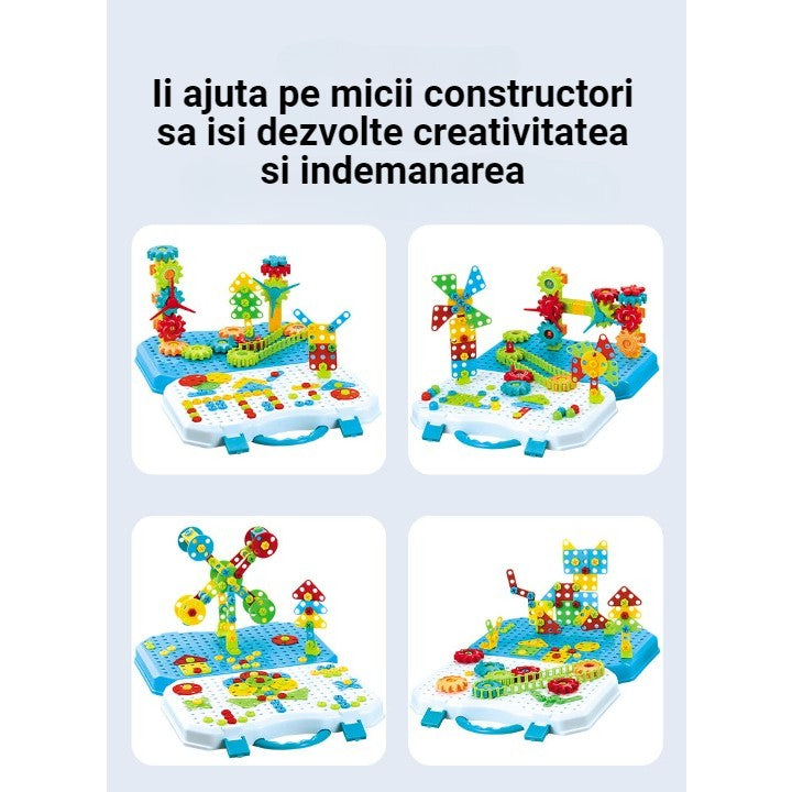 Jucarie Educativa, Set De Constructie Puzzle Mozaic Cu Bormasina Electrica, Modele 2D si 3D, Material ABS, Valiza Transport, Varsta +3 Ani, 338 Piese