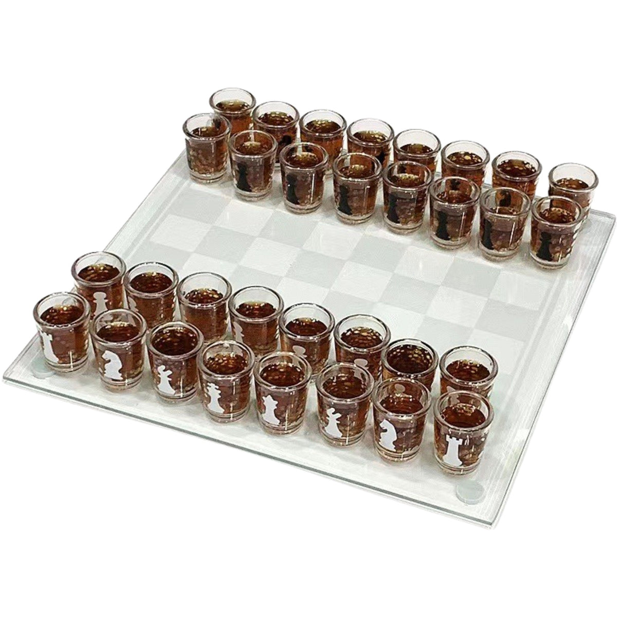 Joc de Sah cu Pahare pentru Shoturi, Set de Petrecere Interactiv, Design Elegant din Sticla Transparenta, 35x35 cm, 32 Piese